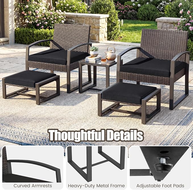 Tangkula 5 Pieces Wicker Patio Conversation Set, Outdoor PE Rattan Chair with Ottoman Set with Glass Side Table, 2-Person Small Balcony Furniture Seating Set with Cushions for Porch, Backyard, Deck