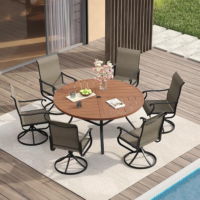 VICLLAX Round Patio Table with Adjustable Umbrella Hole for 6, All Weather Metal Outdoor Dining Table for Lawn Garden, 47.2" Outdoor Coffee Table, Walnut Wood-Like Tabletop