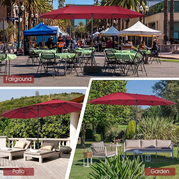 Tangkula 15Ft Double-Sided Patio Umbrella, Outdoor Extra Large Umbrella W/Hand-Crank System & Air Vents, Market Twin Umbrella W/ 12-Rib Sturdy Metal Frame for Poolside, Garden Backyard (Burgundy)
