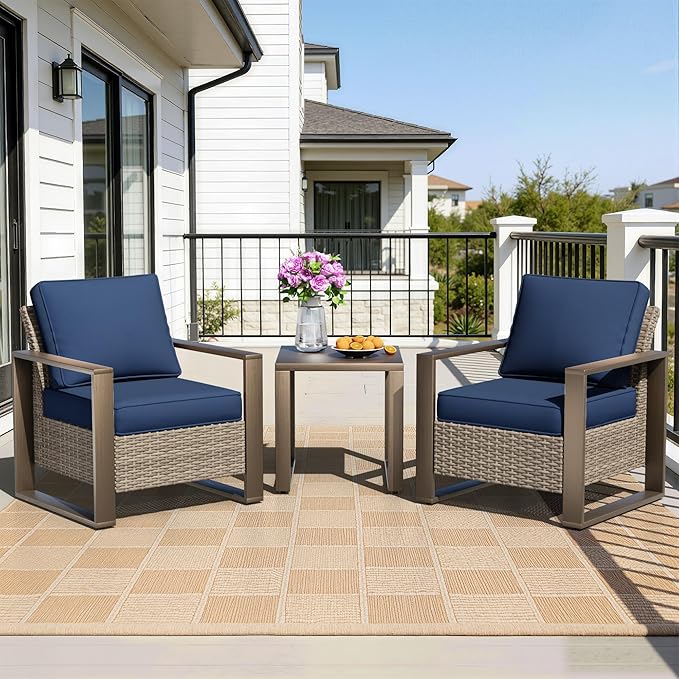 Outdoor Wicker Metal Chairs Set of 2 with Matching Side Table - 3 Pieces Patio Bistro Set with Removable Olefin Fabric Cushions & Rectangular Framed Wood-Looking Metal Armrest, Dark Blue