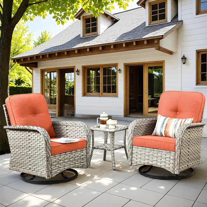 Swivel Patio Chairs Set of 2, Outdoor Wicker Rocker Glider Chair with Coffee Table, Modern Comfy Patio Furniture Sets for Porch Balcony Sunroom, Red