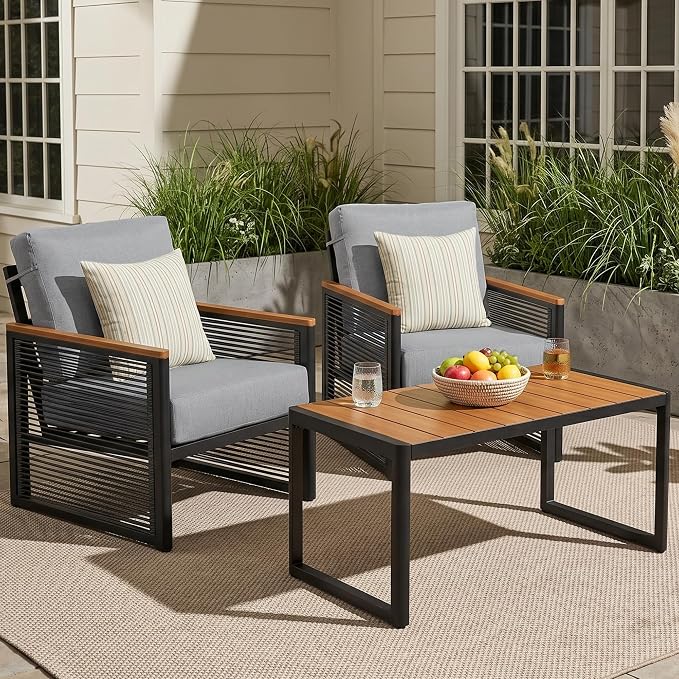 NATURAL EXPRESSIONS Aluminum 3-Piece Patio Bistro Set, Outdoor Furniture Set with 2 Armchairs and 1 Table, Fauxwood Armrest, 6" Olefin Cushion, Rattan Side-armrest for Porch, Yard, Balcony, Deck