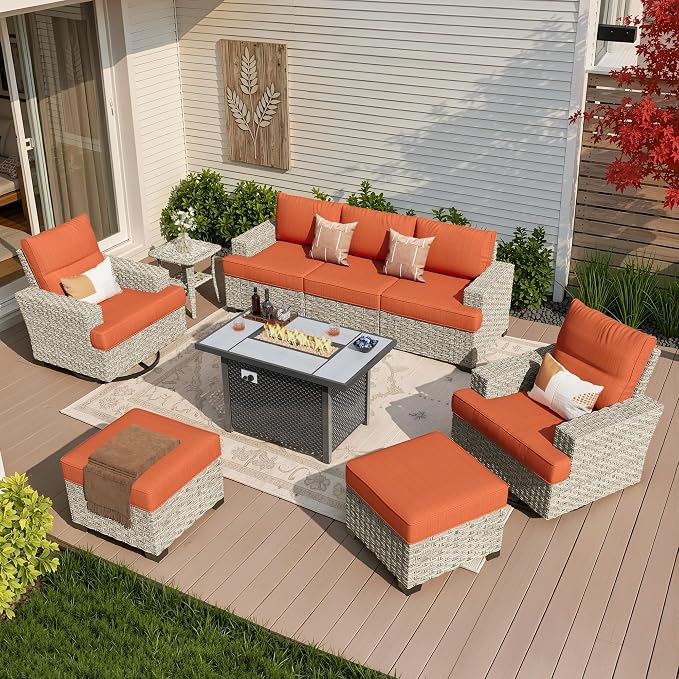 Weaxty 9 Pieces Wide Seats Outdoor Furniture Set, Sectional Couch Swivel Rocking Chair Ottoman Fire Pit Table, Thick Cushion All-Weather Rattan Patio Conversation Sets for Backyard Deck, Orange Red