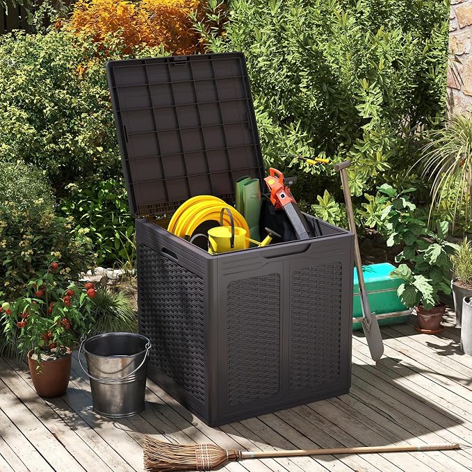 Tangkula 39 Gallon Outdoor Storage Box, Waterproof PP Resin Patio Storage Box with Lockable Lid for Indoor & Outdoor Use, Rattan Design Deck Box for Cushions, Garden Tools