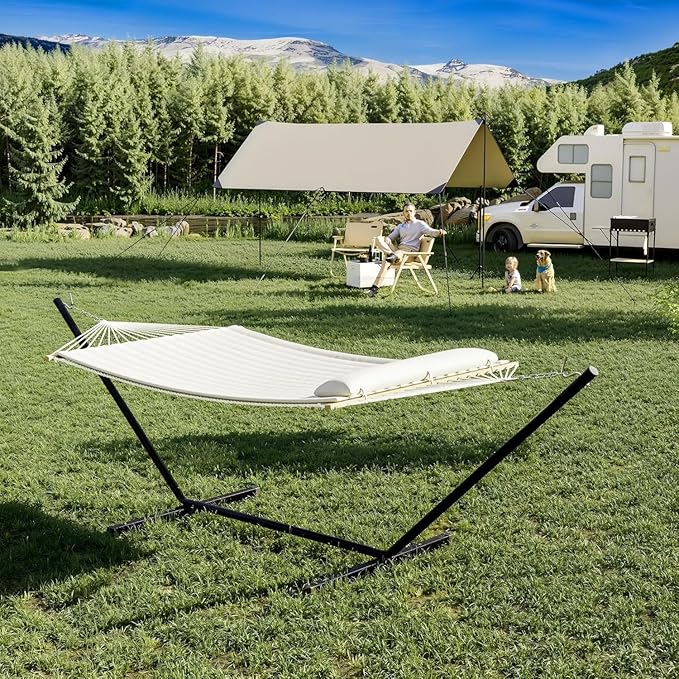 Double Hammock with Foldable Stand, 2 Person Hammock with Quilted Polyester Pad, Heavy Duty Portable Hammocks with Carrying Bag for Outdoor, Patio, Backyard, Poolside, 450 lbs Capacity, Beige