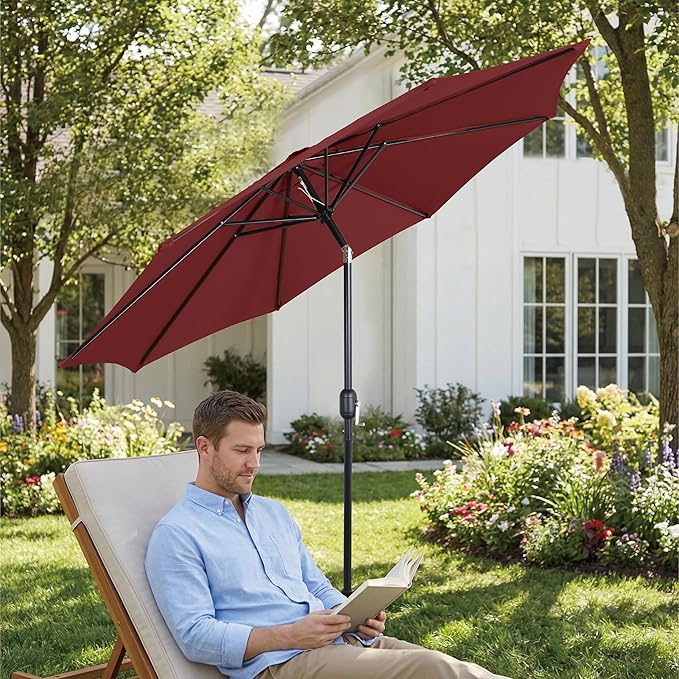 9FT Outdoor Patio Umbrella with Push Button Tilt and Crank, Market Umbrella, 8 Heavy-Duty Ribs, Outdoor Table Umbrella for Garden, Deck, Poolside & Backyard