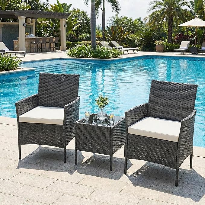 GarveeHome 3-Piece Patio Bistro Set, PE Rattan Outdoor Conversation Furniture with 2 Cushioned Chairs & Coffee Table, Weather-Resistant for Backyard, Balcony, Porch (Beige Cushion)
