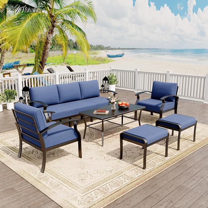 Kurapika Aluminum Patio Furniture Set 5-Seat Modern Outdoor Conversation Sets w/2 Ottomans with Rectangular Coffee Table, Navy Blue