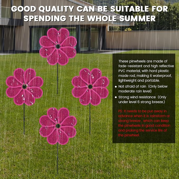 4 PCS 11.4" W x 28" H Reflective Pinwheels Sparkly Lawn Wind Spinners Colorful Rainbow Windmill for Garden Decoration Bird Devices Deterrent to Scare Birds Away(Rose Red)
