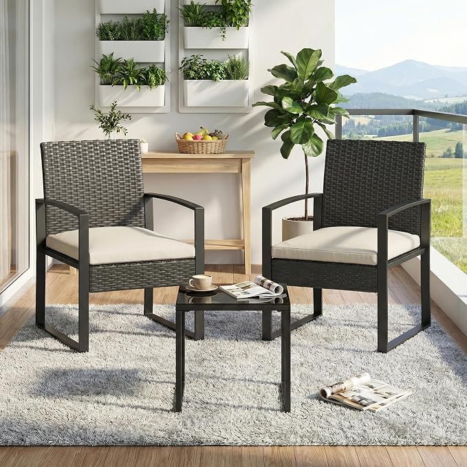 IDEALHOUSE 3 Piece Outside Patio Furniture Set, Outdoor Wicker Chair Conversation Set with Glass Coffee Table, PE Rattan Patio Furniture for Backyard, Porch, Patio, Poolside (No Rocking)