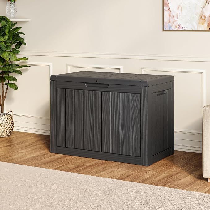 Outdoor Storage Box, 45 Gallon Resin Deck Boxes Outdoor Waterproof For Patio Furniture, Garden Tools, Pool Supplies, Lockable And UV Resistant (Striped Black)
