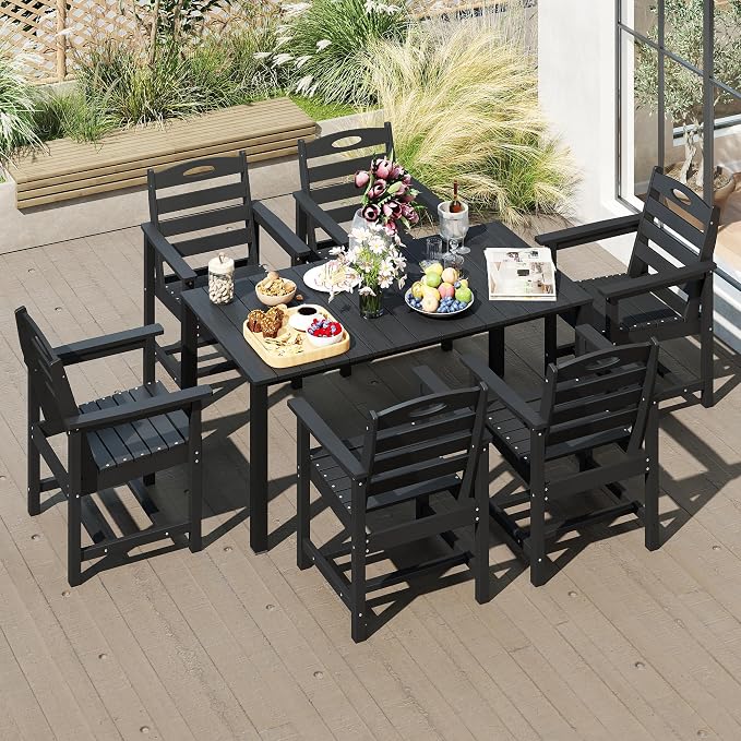 Domi HDPE Outdoor Dining Set, All-Weather 7 Piece Outdoor Dining Table Set with 2" Umbrella Hole, Outdoor Patio Dining Set for Garden, Poolside, Backyard, Deck, Black