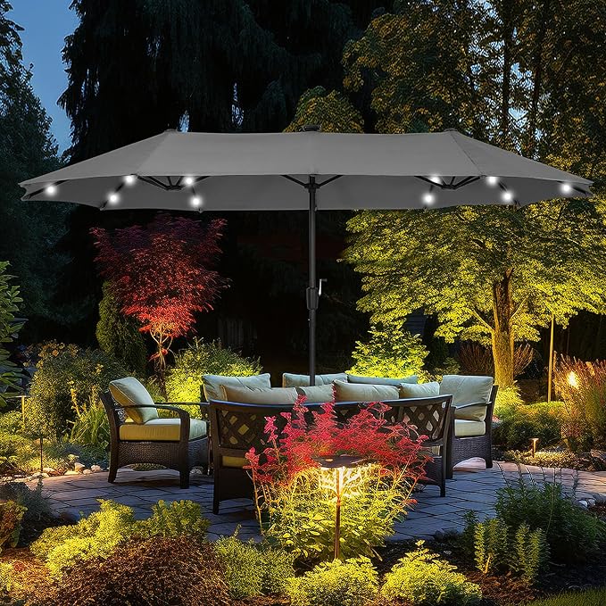 13 ft Patio Umbrella with 36 LED Lights, Large Rectangle Outdoor Solar Umbrella with Strap, Crank, Grey