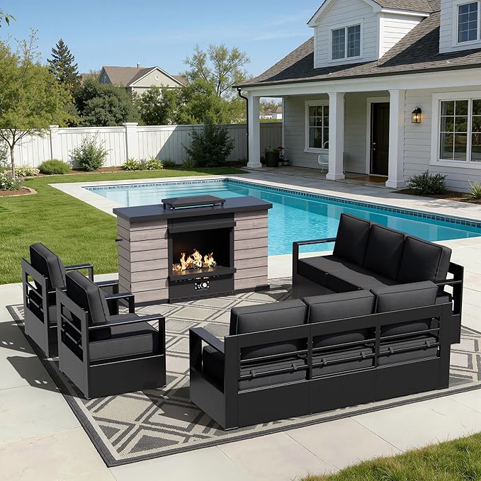 Outdoor Aluminum Furniture Set, 5-Piece Patio Conversation Set, 2 Swivel Chairs, 2 Sofa and 1 Fireplace, All-Weather Metal Frame, 6" Thick Removable Cushions, Deep Setting for Garden and Porch