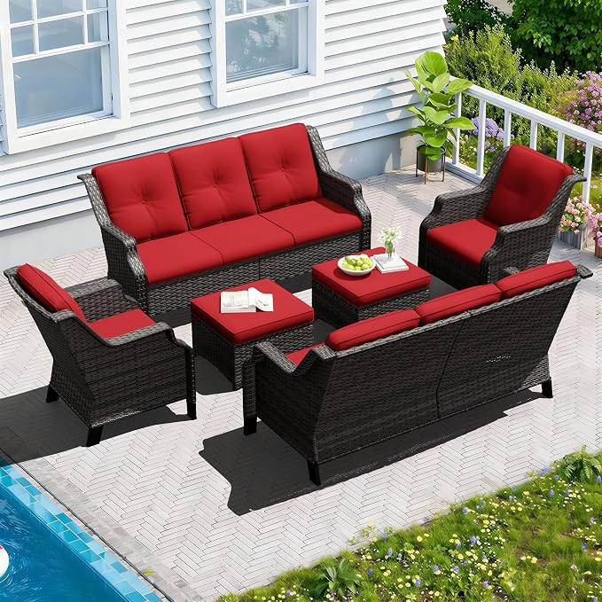 Outdoor Patio Furniture Set, 6 Piece Wicker Patio Furniture with Thick Cushions, Curved Armrest, Deep Seating, Rattan Outdoor Chairs for Porch, Deck, Balcony
