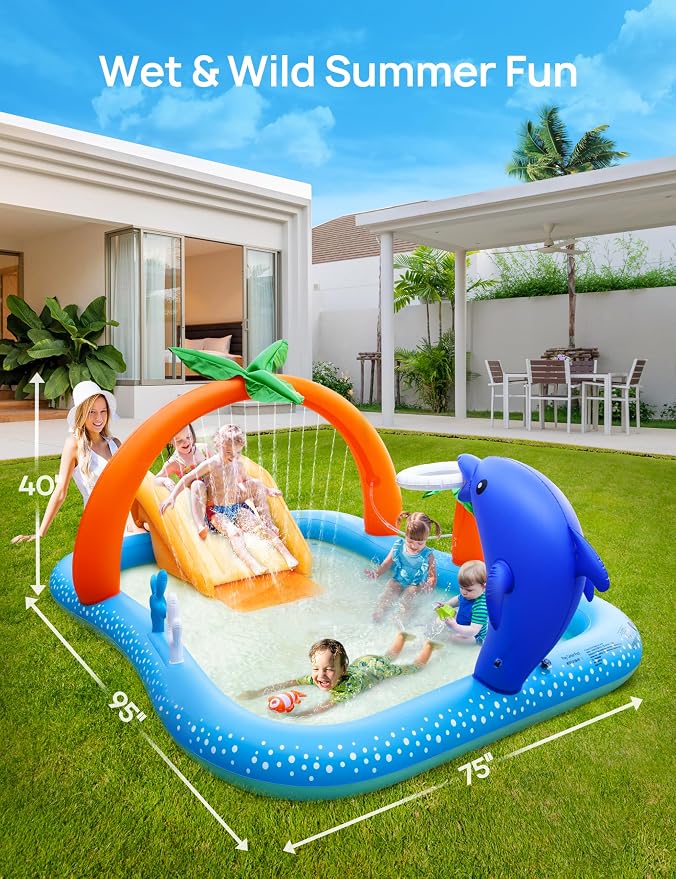 Kiddie Pool with Slide Inflatable Play Center Wading Lounge, Coconut Palm Sprinkler, Water Game Play Center, 95''x75''x40''