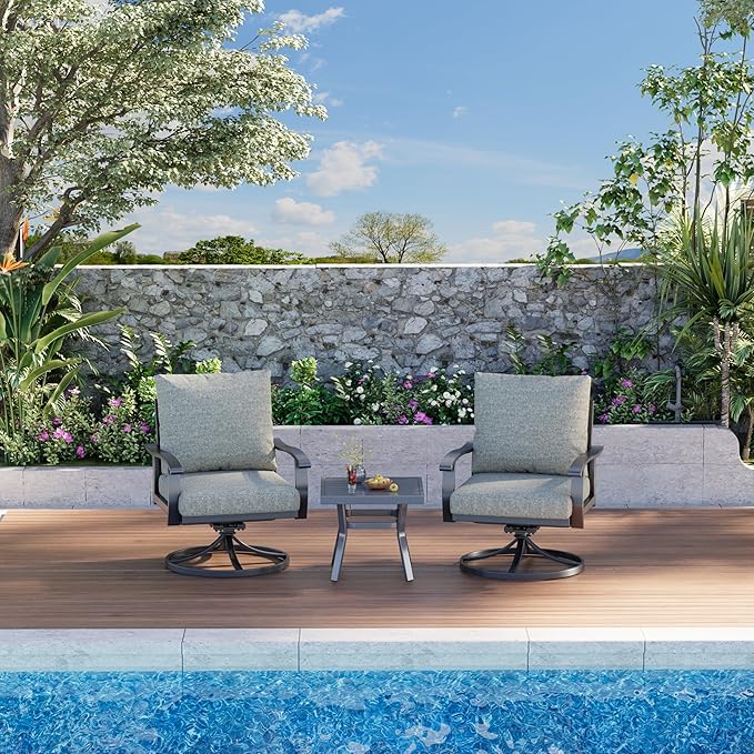 HOMREST Outdoor Swivel Rocker Patio Chairs with Coffee Table 3 PCS Bistro Set, 360 Degree Swivel Rocking Chair Patio Conversation Set with Thickened Cushions for Garden, Deck and Poolside