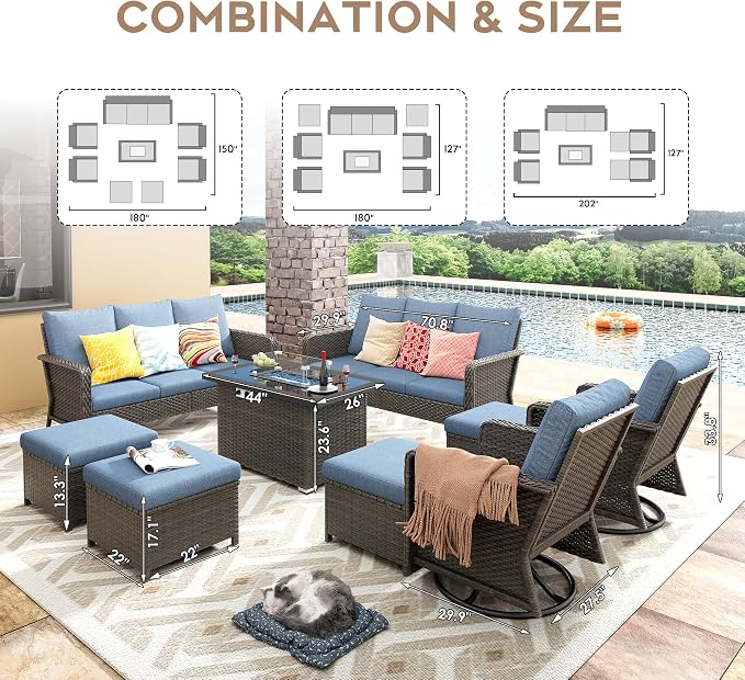 Yechen Patio Furniture Set 9 Peices with 44" Propane Gas Fire Pit Table -2 Wicker Swivel Rocking Chair, 12 seat Outdoor Sectional Set with-4.3'' Cushion Conversation Sofa Set for Porch,Backyard