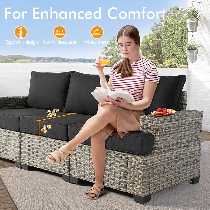 9 Pcs Outdoor Sectional Patio Furniture Set with Fire Pit Table and Swivel Rocking Chairs - All Weather Wicker Modular Outside Sectional Sofa Couch,Patio Seating Outdoor Conversation Sets,Black