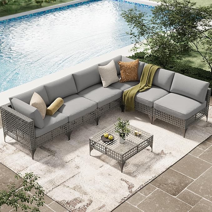 AECOJOY 7 PCS Patio Outdoor Furniture Set with Tea Table, Boho Outdoor Sectional Outdoor Sofa Wicker Conversation Set, Grey Rattan&Light Grey Cushions
