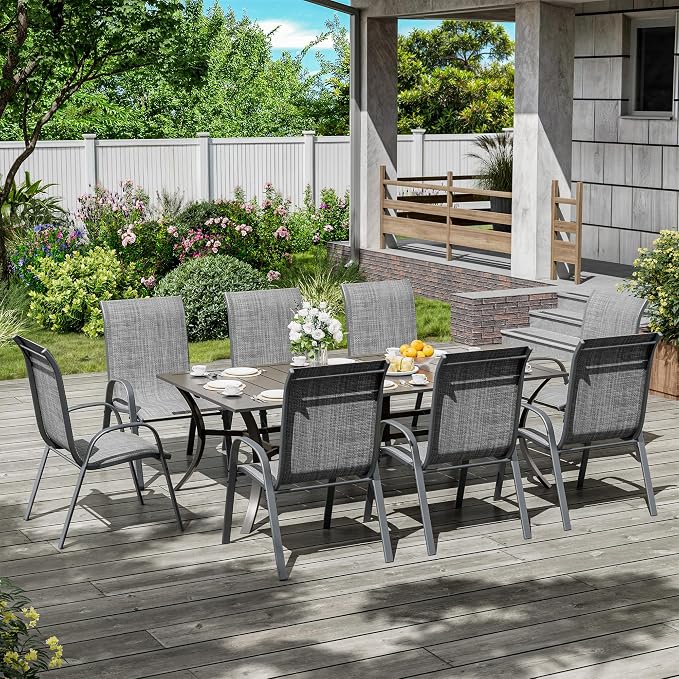 Amopatio 7 Pieces Patio Dining Set for 6, Outdoor Table and Chairs, 6 All Weather Stackable Patio Chairs, 59" Patio Spliced Rectangular Table with Umbrella Hole, for Deck, Backyard, Garden,Gray