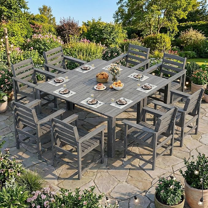 Outdoor HDPE Dining Table Set, 10-Piece Outdoor Dining Table Sets, Wood Grain Patio Furniture Sets with Umbrella Hole for Porch, Backyard, Gray