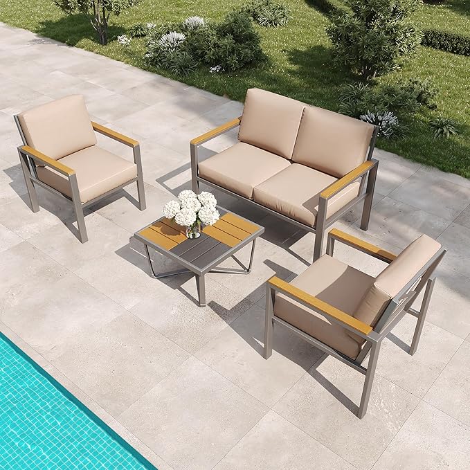 4-Piece Outdoor Patio Furniture Set, Metal Conversation Sofa Set with Deep Cushions & Wood-Like Armrests, Modern Patio Seating with Coffee Table for Garden, Porch, Balcony, Backyard (Brown)