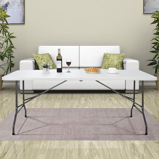 SUPER DEAL 6FT Folding Table for Indoor Outdoor, Portable Heavy Duty Fold-in-Half Plastic Dining Picnic Party Camping Table with Carrying Handle