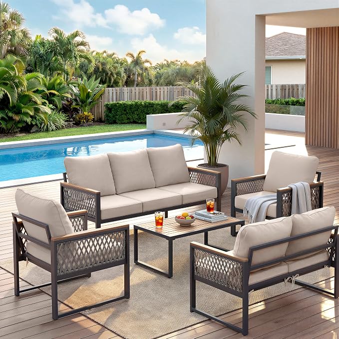 UPHA 5 Pieces Patio Furniture Set, Metal Outdoor Sectional Couch Set with Loveseat & 3-Seat Sofa, 2 Chairs, Coffee Table, Modern Patio Conversation Set for Porch Balcony Deck, 7 Seats, Beige