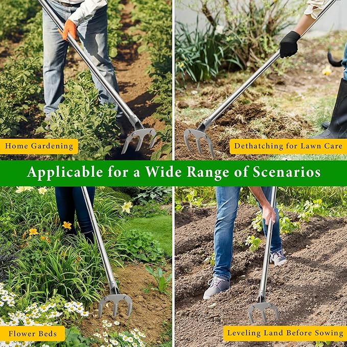 Garden Hand Cultivator Rake: Long Handle Hoe Garden Tool with Ergonomic D Grip, Heavy Duty Iron 3-Tine Tiller Rakes for Gardening,Cultivating, Planting, Digging, Weeding