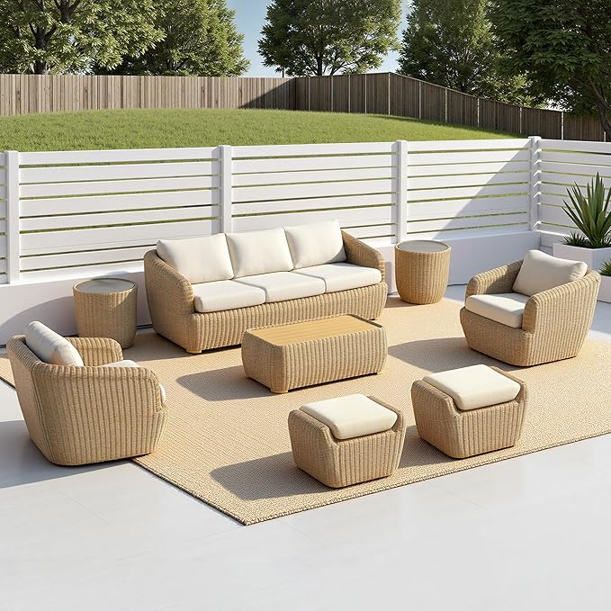 CHITA Wicker Patio Coffee Table, 41” All-Weather Rattan Outdoor Coffee Table with Wood-Grain Metal Top, Waterproof for Porch Backyard, Fully Assembled, Light Brown