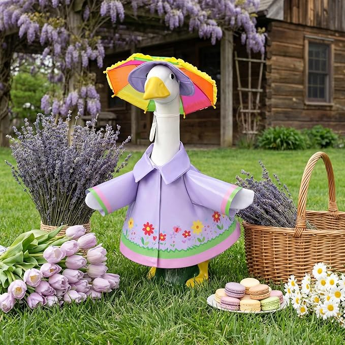 DECOHS 3 Pcs/Set Raincoat Porch Goose Outfits, Summer Lawn Goose Statue Raincoat Costume, Yard Goose Clothes Raincoats Umbrella Hat Outfit for 23" Statue Patio Garden Decoration (Purple)