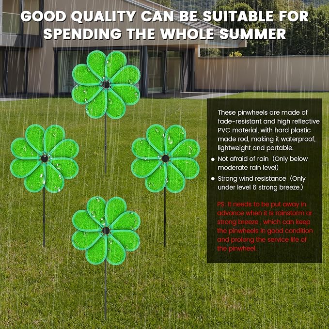 4PCS 11.4" W x 28" H Reflective Pinwheels Sparkly Lawn Wind Spinners Colorful Rainbow Windmill for Garden Decoration Bird Devices Deterrent to Scare Birds Away(Green)