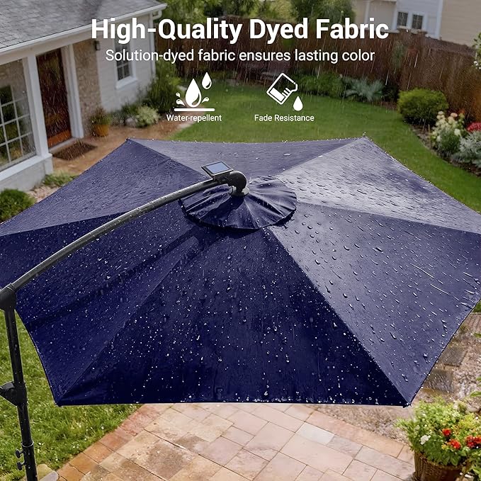 10ft Offset Patio Umbrella with Solar Light Strips,Outdoor Cantilever Hanging Umbrella with Cross Base, Fade Resistant Recycled Fabric, for Pool, Deck, Garden,Backyard,