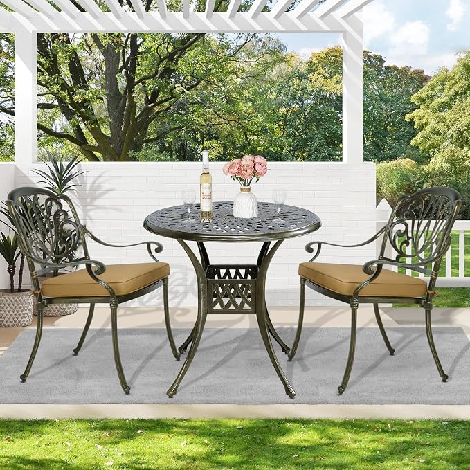 MEETWARM 3 Piece Patio Bistro Set, Outdoor All-Weather Cast Aluminum Dining Furniture Set Includes 2 Cushioned Chairs and a 31” Round Table with Umbrella Hole for Garden Deck