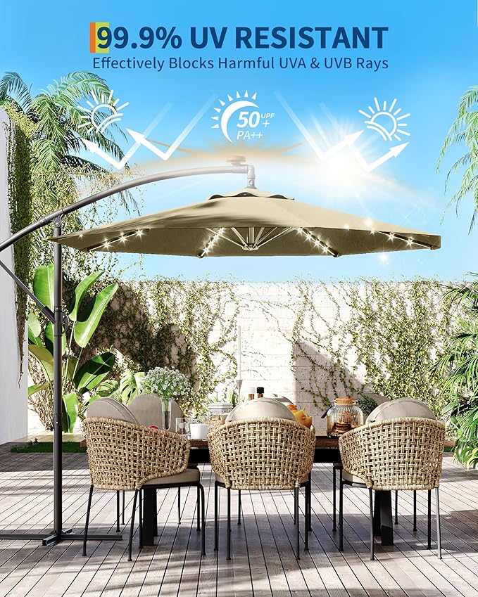 10FT Cantilever Patio Umbrella with Solar LED Lights - Heavy Duty 2-Tier Square Aluminum Offset Outdoor Umbrella, 360° Rotation for Poolside, Backyard, Deck Outdoor Use, Tan