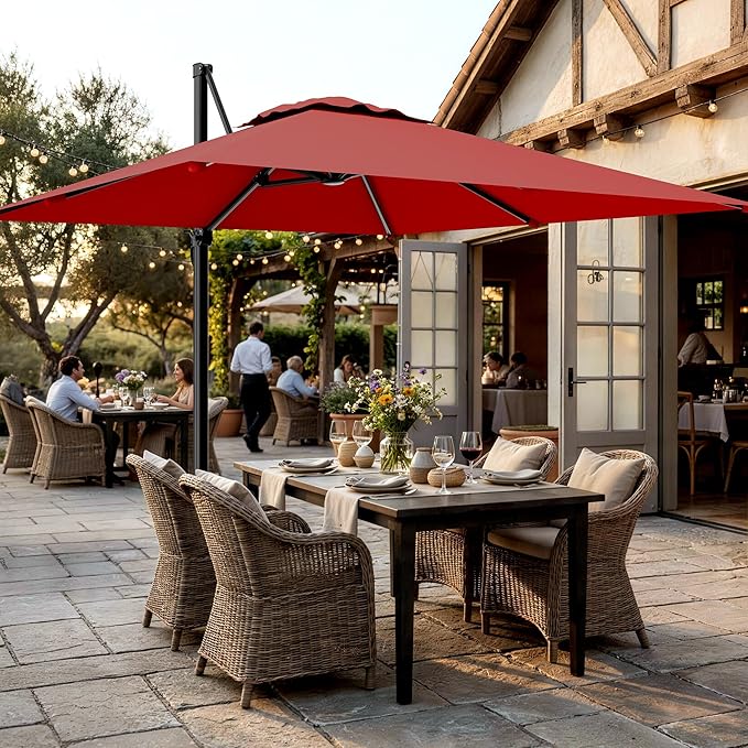 AreShark 9 × 9FT Square Cantilever Patio Umbrella with Base Included, 360° Rotation Offset Outdoor Umbrella, 5 Tilt Settings Heavy Duty Hanging Parasol for Deck Garden Pool, Red
