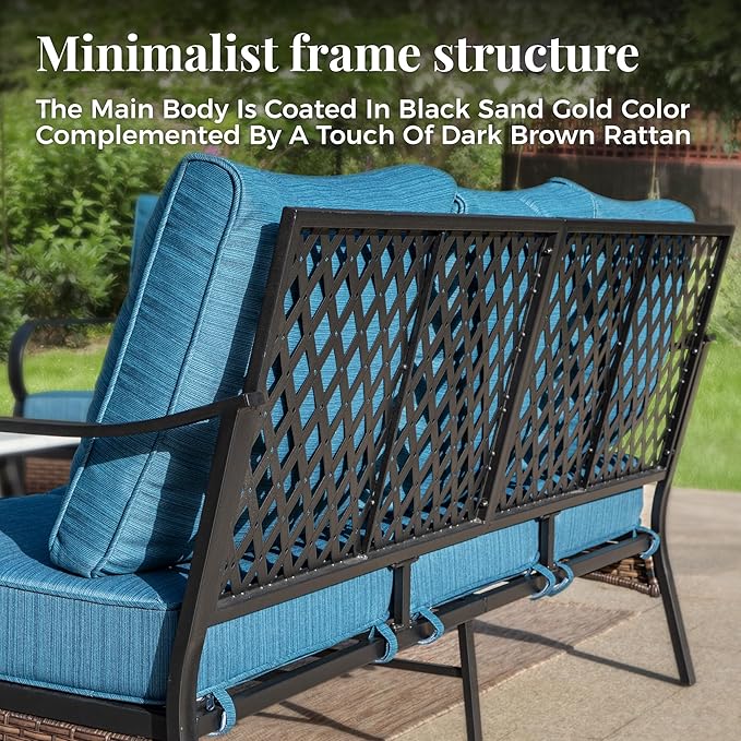 Patio Furniture Set with Firepit Table, Black Frame Outdoor Conversation Set with 2 x Fixed Chairs, 1 x 3-Seat Sofa for Lawn Garden Backyard, Pacific Blue