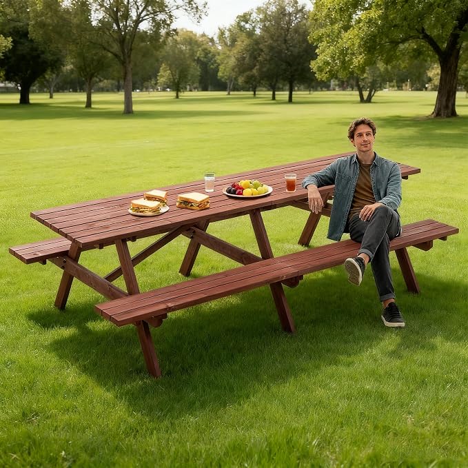 12 Person Outdoor Wooden Picnic Tables with Benches for Patio Garden Backyard Large Outside Dining Table Set with Umbrella Hole