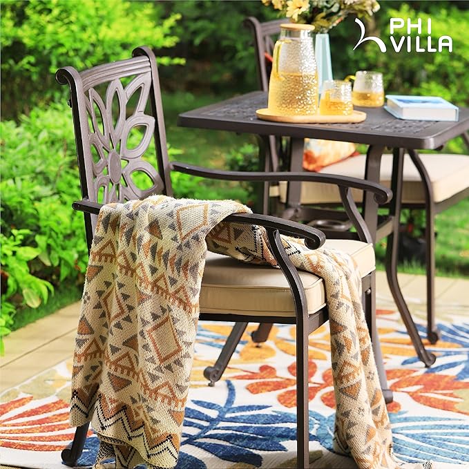 PHI VILLA 3 Pcs Cast Aluminum Patio Bistro Set, Extra Wide Armrest Dining Chairs with Cushion & 1 Round Bistro Dining Table with Umbrella Hole