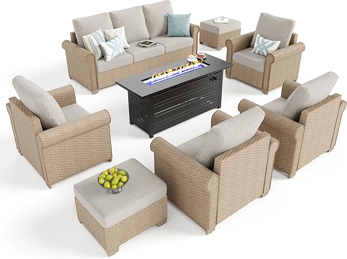 Patio Furniture Set 8 pcs, Wicker Rattan Outdoor Furniture with 5.5" Thick Waterproof Cushions, and 56" Fire Pit Table, All Weather Outdoor Conversation Set for Backyard Deck, 9 Seats Beige