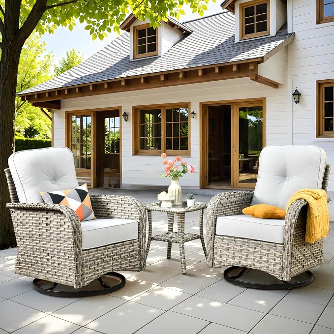Swivel Patio Chairs Set of 2, Outdoor Wicker Rocker Glider Chair with Coffee Table, Modern Comfy Patio Furniture Sets for Porch Balcony Sunroom, Gray