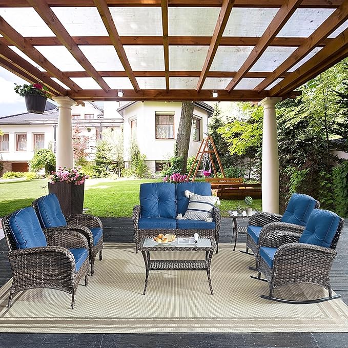 Belord Patio Club Chair Wicker Chairs - Outdoor High Back Chair Set of 2 Patio Furniture Set Rattan Seating with Removable Cushions for Porch Balcony Deck Pool Brown/Blue