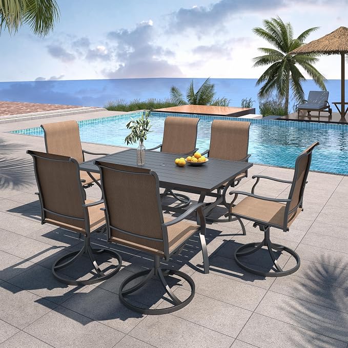 Anmutig 7-Piece Outdoor Dining Set, 6 Swivel Patio Chairs & 60'' Rectangular Dining Table with All Weather Frame Furniture Set - Brown Style1