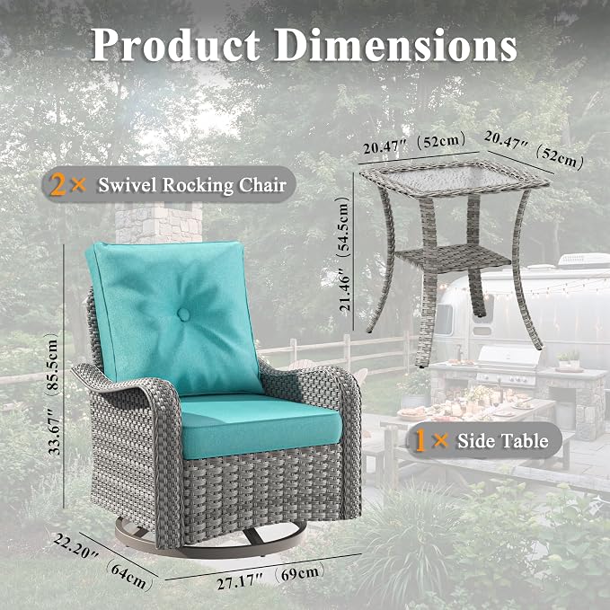 2-Seat Modern Patio Furniture Set with Swivel Rocking Chairs, Thick 4″ Cushions, Dual-Strand Wicker Rattan, Rust-Resistant Steel Frame – Outdoor Conversation & Modular Sectional,Blue