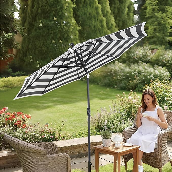 9FT Outdoor Patio Umbrella with Crank Lift & Auto Tilt - Market Umbrella, 8 Heavy-Duty Ribs, UV Resistant & Water-Repellent for Garden, Deck, Poolside & Backyard