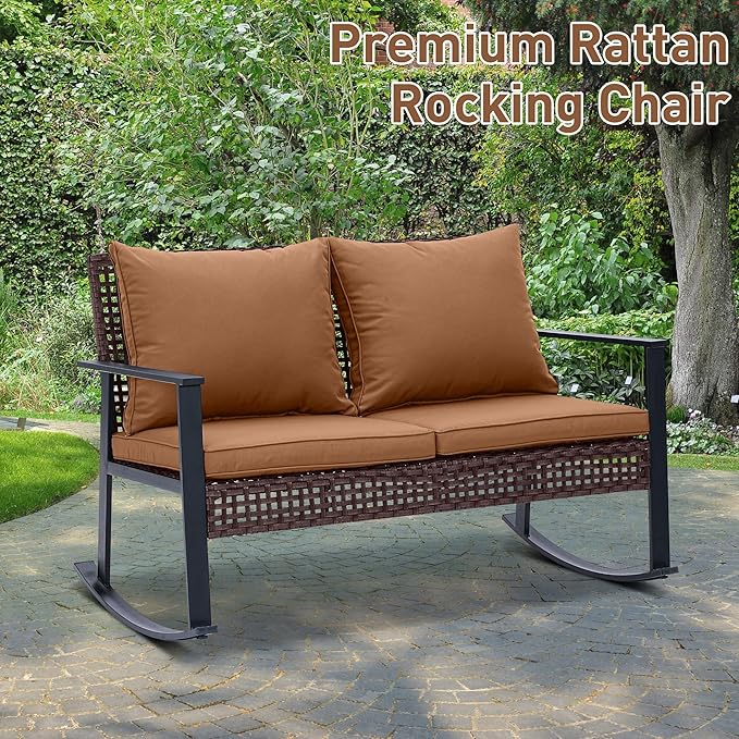 Ainfox Outdoor Wicker Loveseat Rocking Chair, Patio Rattan Rocker Chair with Cushions,All-Weather Modern Cozy Rocking Wicker Furniture for Garden Balcony Porch, Brown