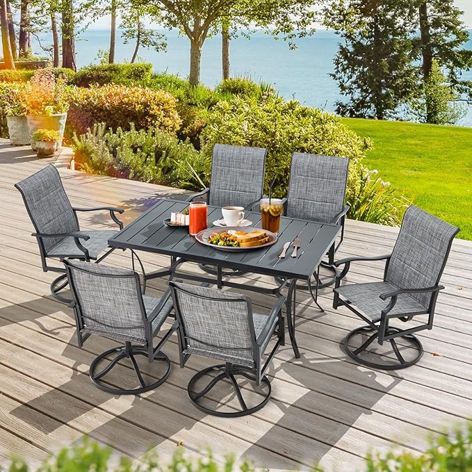 BUPPLEE Patio Dining Set for 6, 6 Piece Patio Swivel Chairs with 1 Piece Large Mental Rectangular Dining Table for Backyard Front Porch Pool Deck,Gray