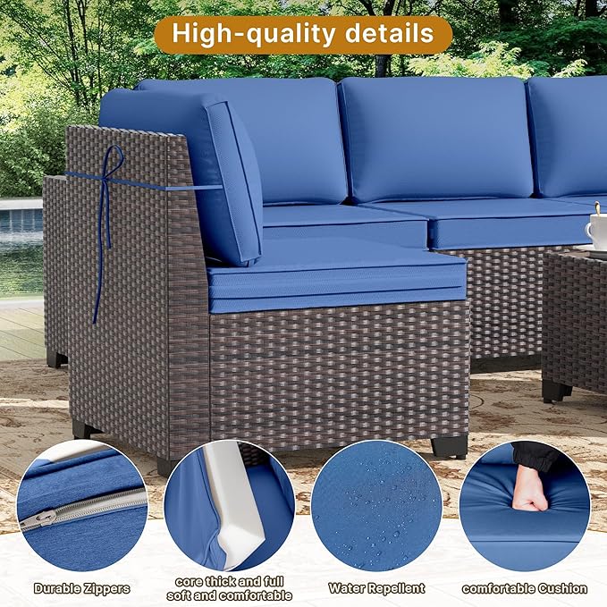 Gotland 9 Pieces Patio Furniture Set with 2 Swivel Chairs, 7-Seater Patio Furniture in 4 Combinations with Wide Armrests 29.5'' High Backrest, Wicker Outdoor Sectional for Deck Garden Pool Navy
