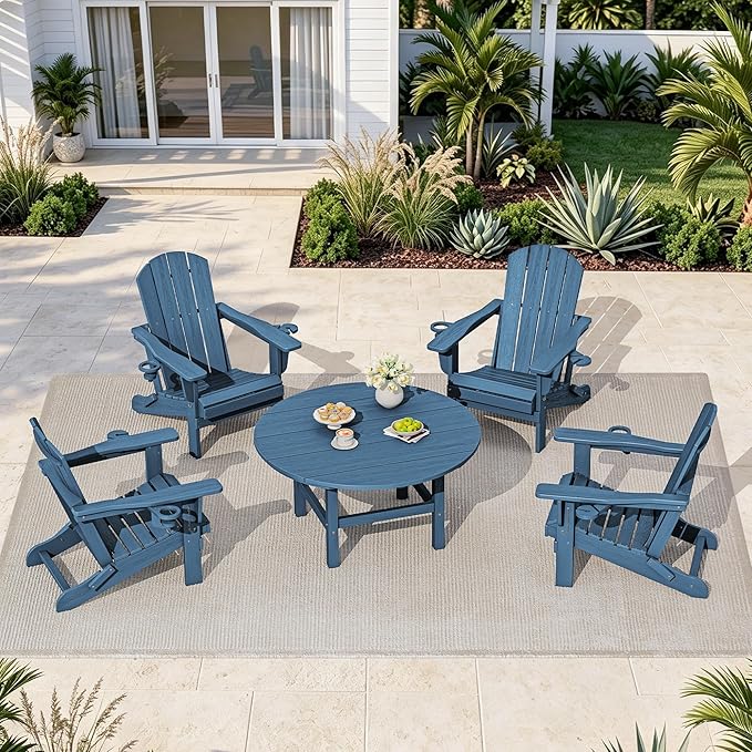 SERWALL 6-Piece Patio Set, 4 Folding Adirondack Chairs with Cup Holders, Round Table & Center Pole Umbrella, HDPE Plastic, Blue